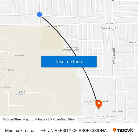 Madina Firestone Junction to UNIVERSITY OF PROFESSIONAL STUDIES (UPSA) map
