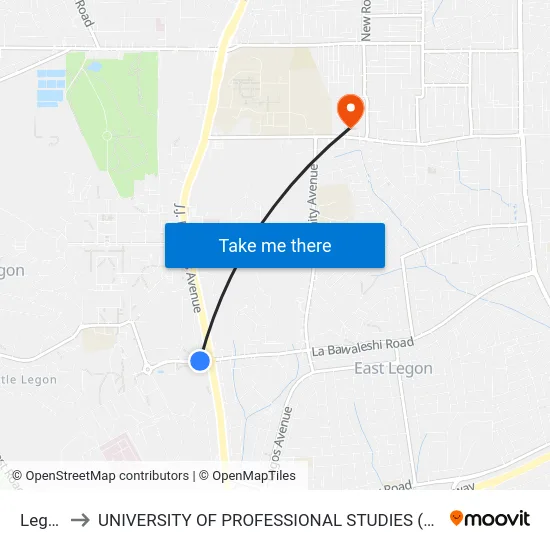 Legon to UNIVERSITY OF PROFESSIONAL STUDIES (UPSA) map