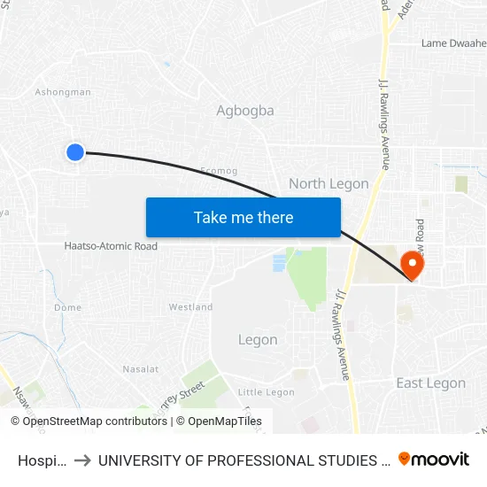 Hospital to UNIVERSITY OF PROFESSIONAL STUDIES (UPSA) map
