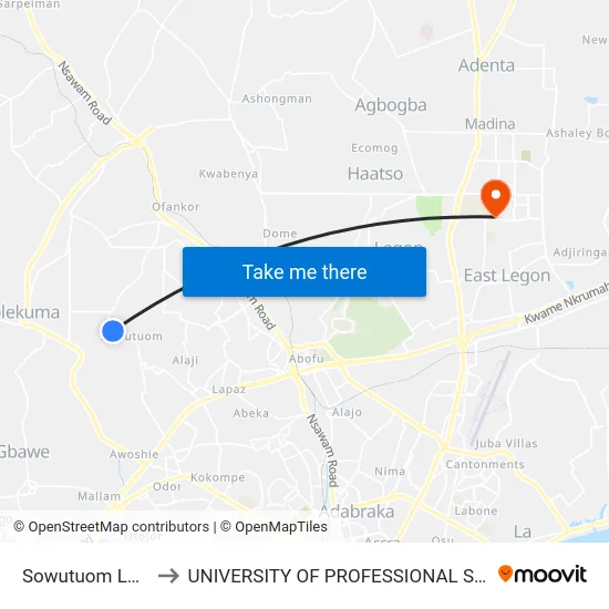Sowutuom Last Stop to UNIVERSITY OF PROFESSIONAL STUDIES (UPSA) map