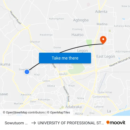 Sowutuom Market to UNIVERSITY OF PROFESSIONAL STUDIES (UPSA) map