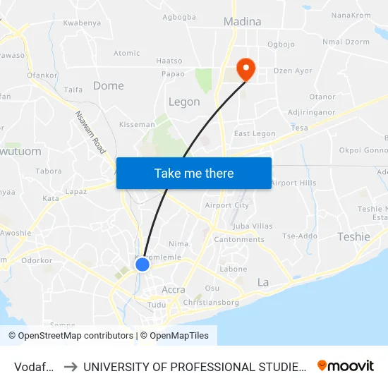 Vodafone to UNIVERSITY OF PROFESSIONAL STUDIES (UPSA) map
