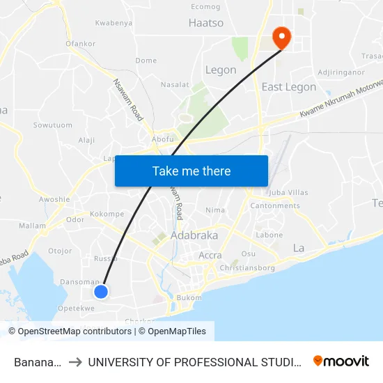 Banana Inn to UNIVERSITY OF PROFESSIONAL STUDIES (UPSA) map