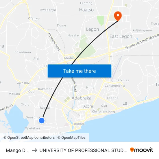 Mango Down to UNIVERSITY OF PROFESSIONAL STUDIES (UPSA) map