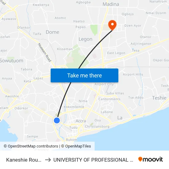 Kaneshie Roundabout to UNIVERSITY OF PROFESSIONAL STUDIES (UPSA) map