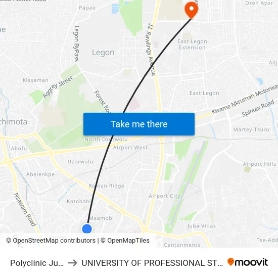 Polyclinic Junction to UNIVERSITY OF PROFESSIONAL STUDIES (UPSA) map