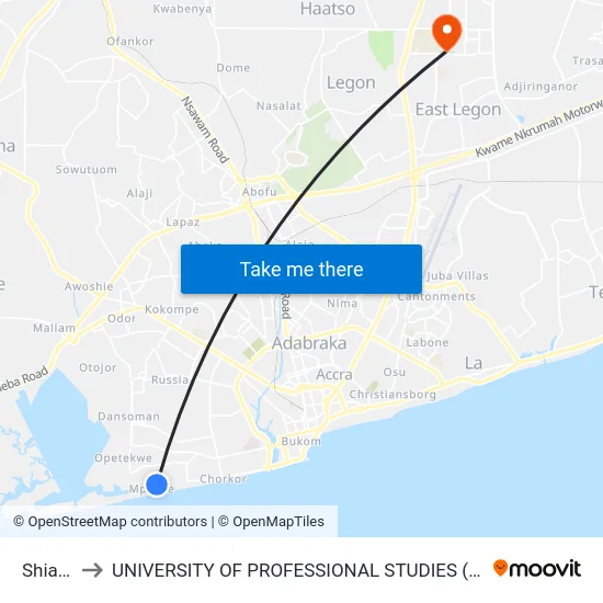 Shiabu to UNIVERSITY OF PROFESSIONAL STUDIES (UPSA) map