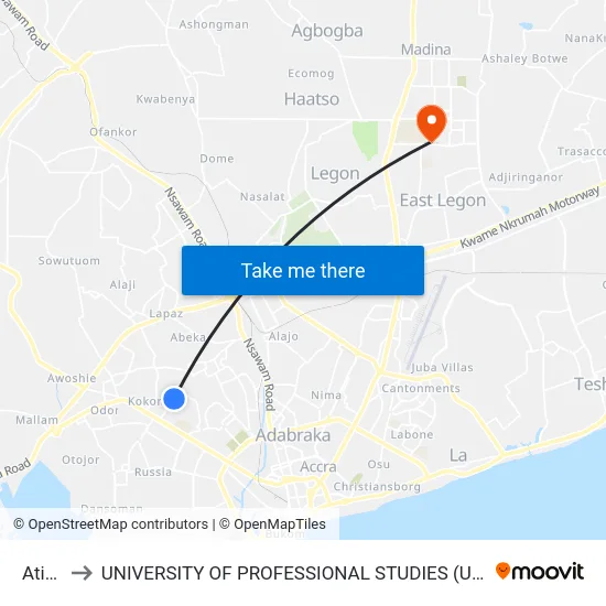 Atico to UNIVERSITY OF PROFESSIONAL STUDIES (UPSA) map