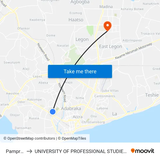 Pamprom to UNIVERSITY OF PROFESSIONAL STUDIES (UPSA) map