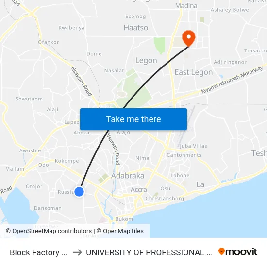 Block Factory Junction to UNIVERSITY OF PROFESSIONAL STUDIES (UPSA) map