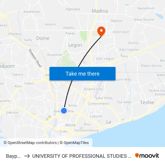 Bayport to UNIVERSITY OF PROFESSIONAL STUDIES (UPSA) map