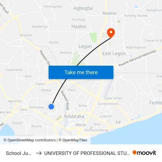 School Junction to UNIVERSITY OF PROFESSIONAL STUDIES (UPSA) map