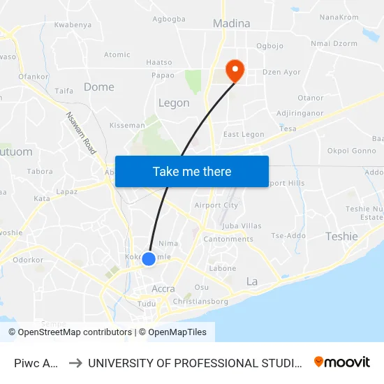 Piwc Accra to UNIVERSITY OF PROFESSIONAL STUDIES (UPSA) map