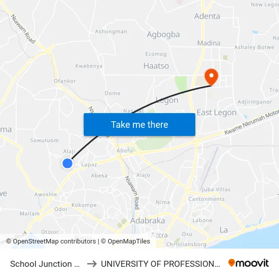 School Junction Race Course to UNIVERSITY OF PROFESSIONAL STUDIES (UPSA) map