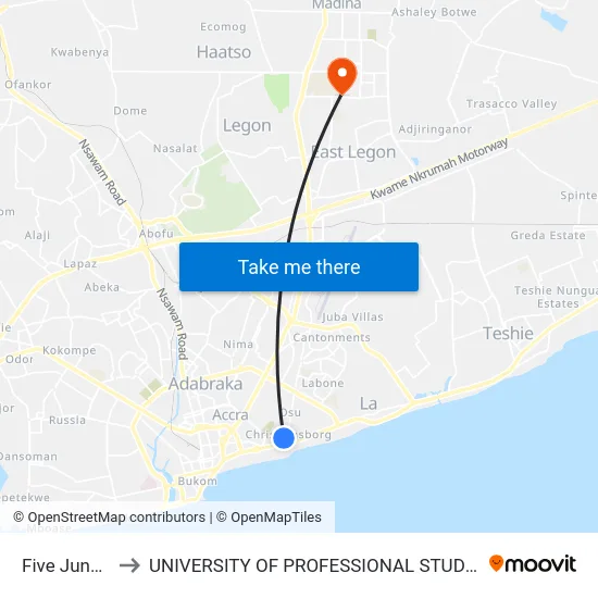 Five Junction to UNIVERSITY OF PROFESSIONAL STUDIES (UPSA) map