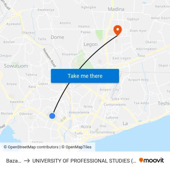 Bazaza to UNIVERSITY OF PROFESSIONAL STUDIES (UPSA) map