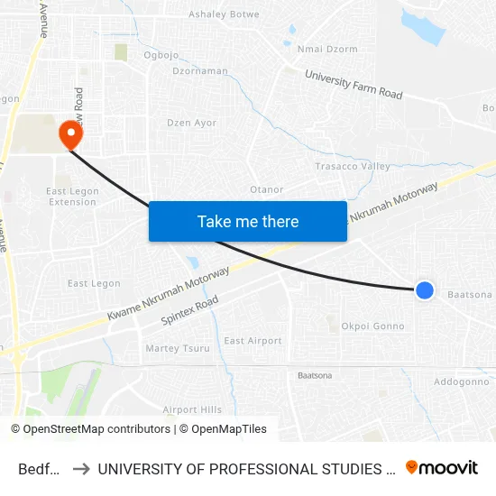 Bedford to UNIVERSITY OF PROFESSIONAL STUDIES (UPSA) map