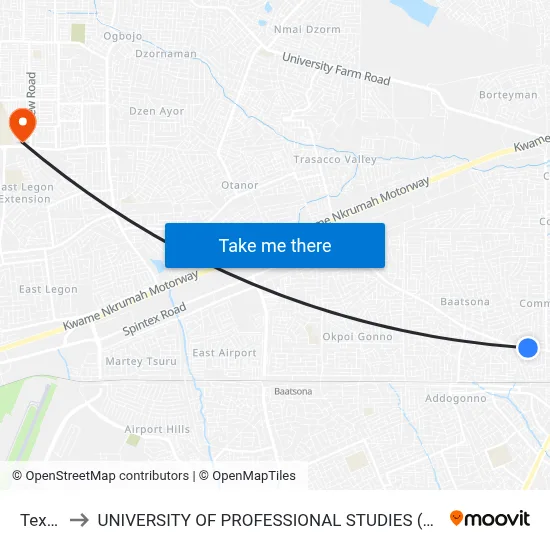 Texpo to UNIVERSITY OF PROFESSIONAL STUDIES (UPSA) map