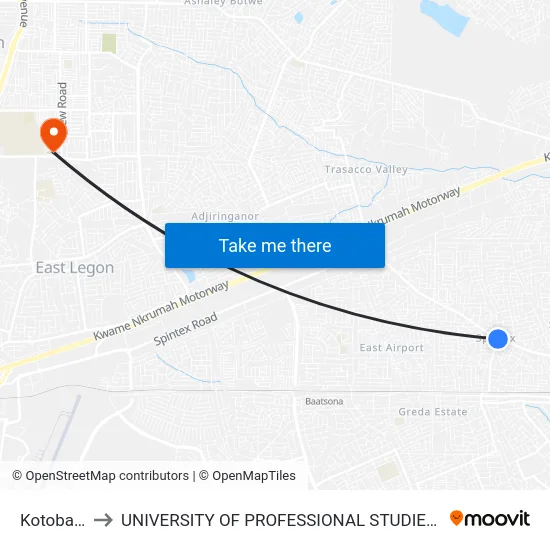 Kotobaabi to UNIVERSITY OF PROFESSIONAL STUDIES (UPSA) map