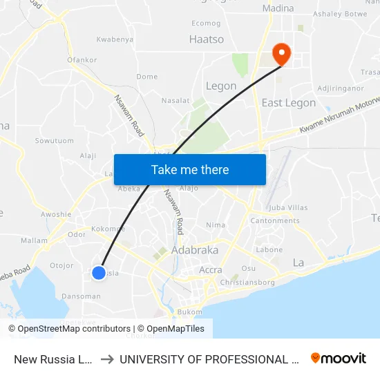 New Russia Last Stop to UNIVERSITY OF PROFESSIONAL STUDIES (UPSA) map
