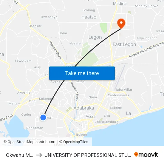 Okwahu Motors to UNIVERSITY OF PROFESSIONAL STUDIES (UPSA) map