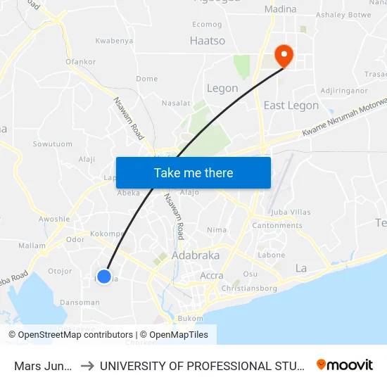 Mars Junction to UNIVERSITY OF PROFESSIONAL STUDIES (UPSA) map