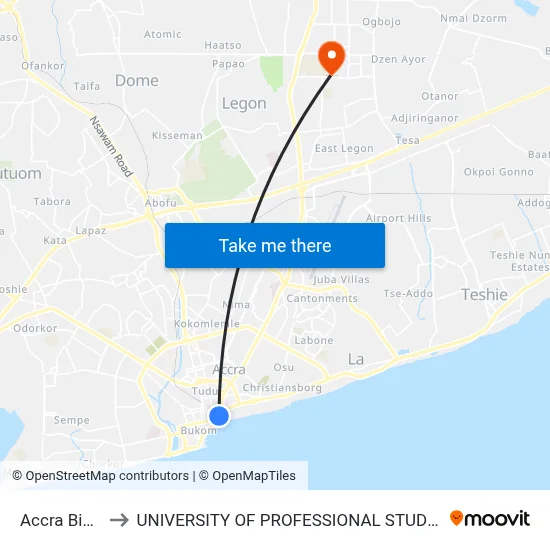 Accra Bishop to UNIVERSITY OF PROFESSIONAL STUDIES (UPSA) map