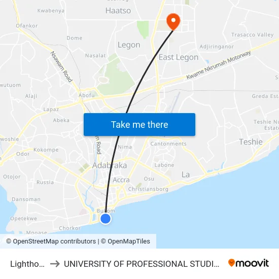 Lighthouse to UNIVERSITY OF PROFESSIONAL STUDIES (UPSA) map