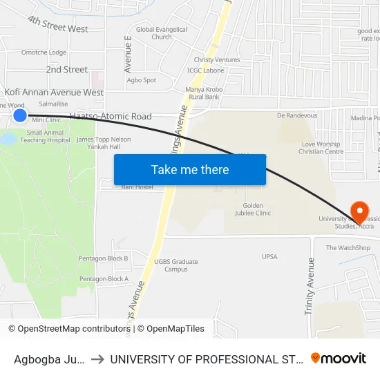 Agbogba Junction to UNIVERSITY OF PROFESSIONAL STUDIES (UPSA) map