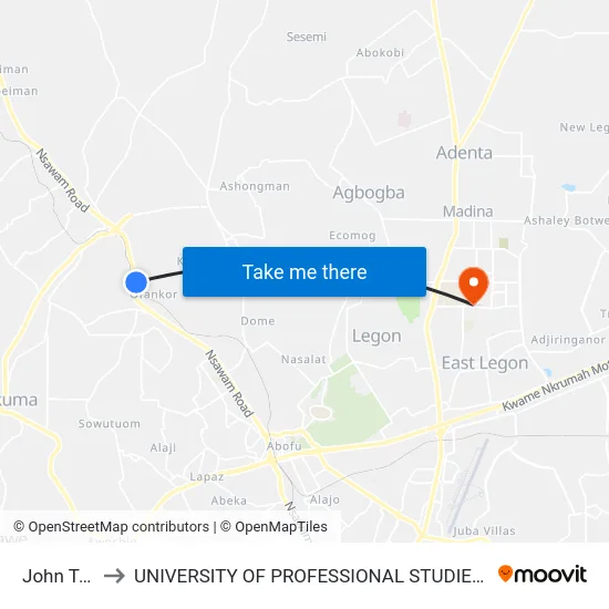 John Teye to UNIVERSITY OF PROFESSIONAL STUDIES (UPSA) map