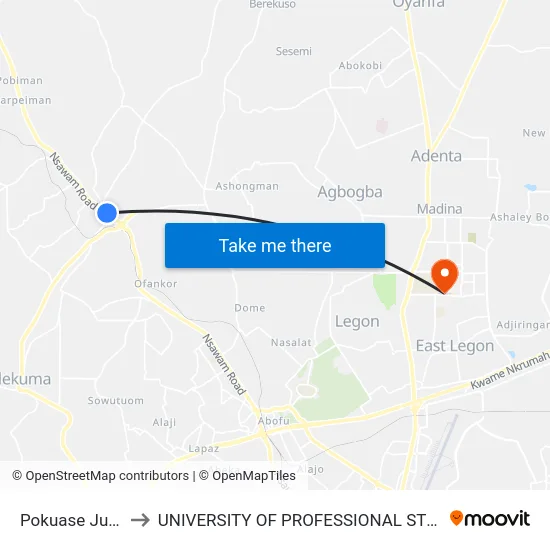 Pokuase Junction to UNIVERSITY OF PROFESSIONAL STUDIES (UPSA) map