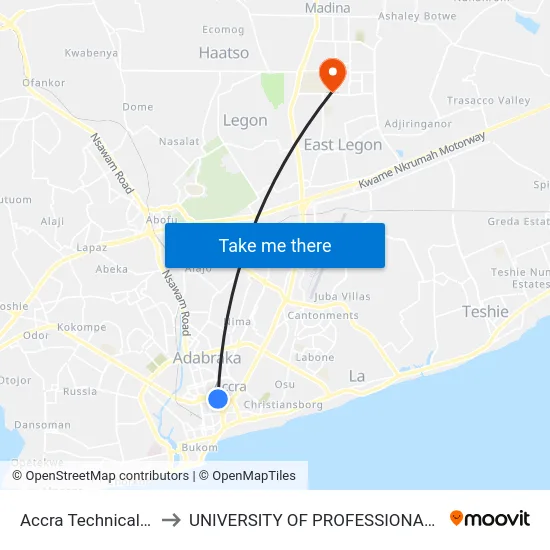 Accra Technical University to UNIVERSITY OF PROFESSIONAL STUDIES (UPSA) map