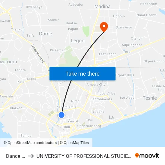 Dance Bar to UNIVERSITY OF PROFESSIONAL STUDIES (UPSA) map