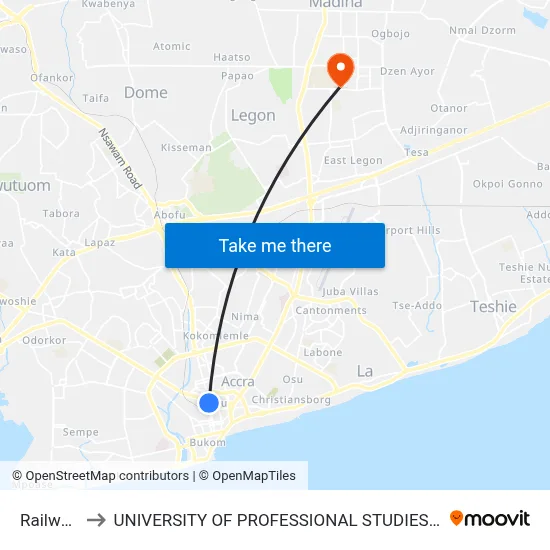 Railways to UNIVERSITY OF PROFESSIONAL STUDIES (UPSA) map