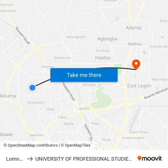 Lomnava to UNIVERSITY OF PROFESSIONAL STUDIES (UPSA) map