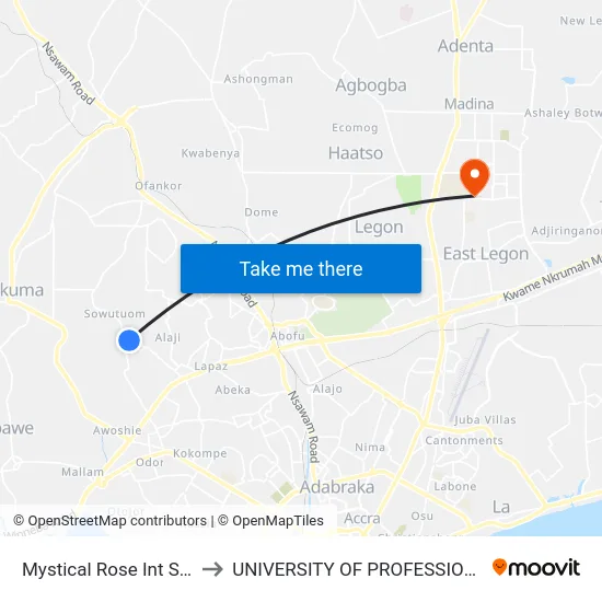 Mystical Rose Int School Junction to UNIVERSITY OF PROFESSIONAL STUDIES (UPSA) map