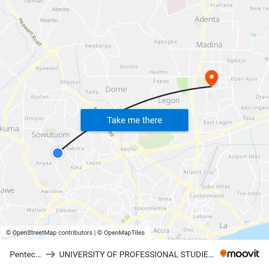 Pentecost to UNIVERSITY OF PROFESSIONAL STUDIES (UPSA) map