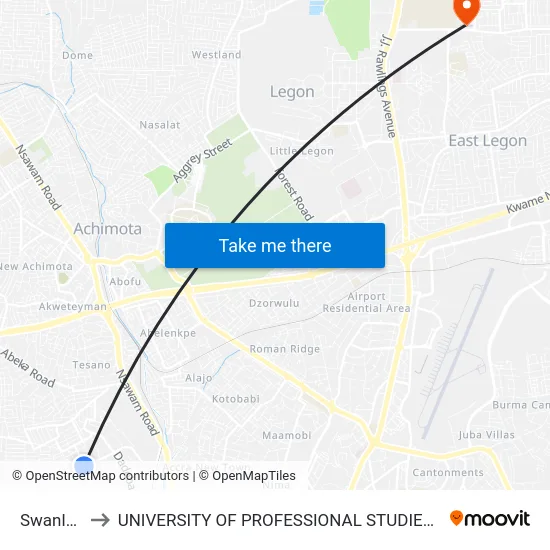 Swanlake to UNIVERSITY OF PROFESSIONAL STUDIES (UPSA) map