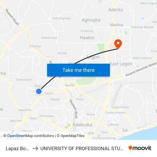 Lapaz Borlaso to UNIVERSITY OF PROFESSIONAL STUDIES (UPSA) map