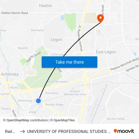 Railway to UNIVERSITY OF PROFESSIONAL STUDIES (UPSA) map