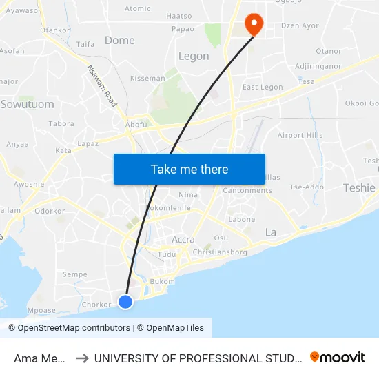 Ama Mensah to UNIVERSITY OF PROFESSIONAL STUDIES (UPSA) map