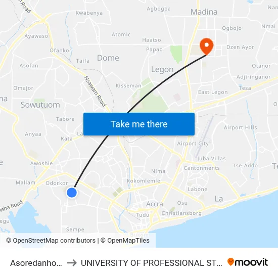 Asoredanho Curve to UNIVERSITY OF PROFESSIONAL STUDIES (UPSA) map