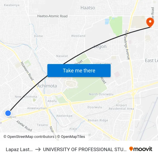 Lapaz Last Stop to UNIVERSITY OF PROFESSIONAL STUDIES (UPSA) map