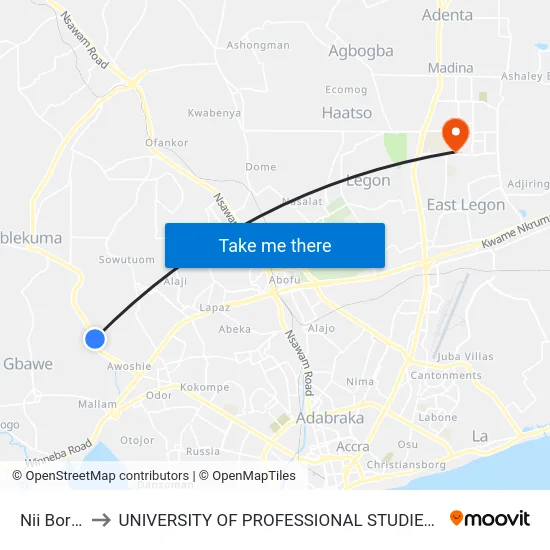 Nii Bortey to UNIVERSITY OF PROFESSIONAL STUDIES (UPSA) map