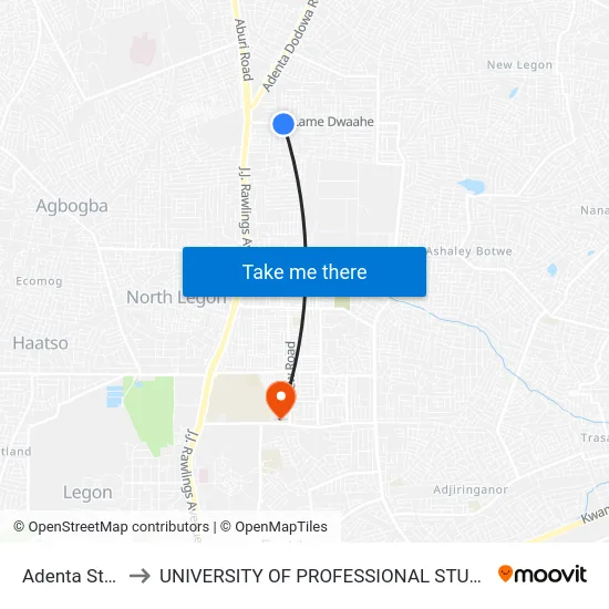 Adenta Station to UNIVERSITY OF PROFESSIONAL STUDIES (UPSA) map