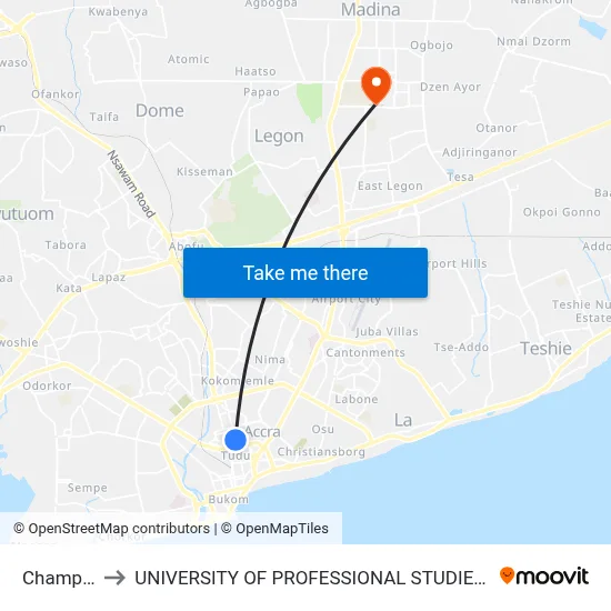 Champion to UNIVERSITY OF PROFESSIONAL STUDIES (UPSA) map