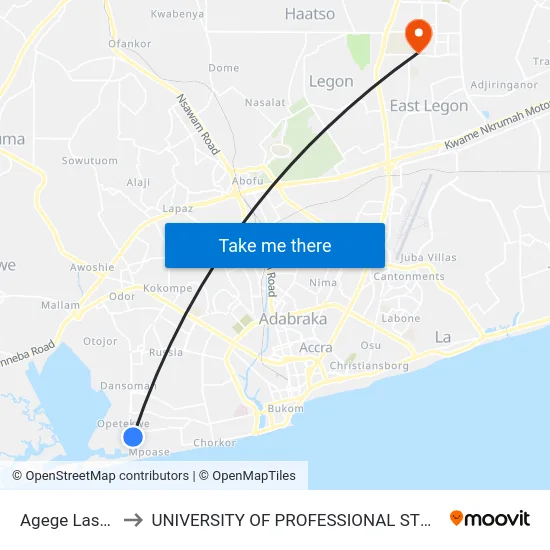 Agege Last Stop to UNIVERSITY OF PROFESSIONAL STUDIES (UPSA) map