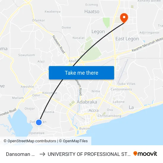 Dansoman Control to UNIVERSITY OF PROFESSIONAL STUDIES (UPSA) map