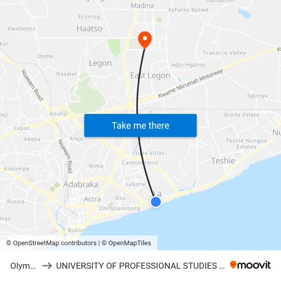 Olympia to UNIVERSITY OF PROFESSIONAL STUDIES (UPSA) map