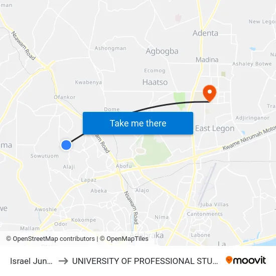 Israel Junction to UNIVERSITY OF PROFESSIONAL STUDIES (UPSA) map